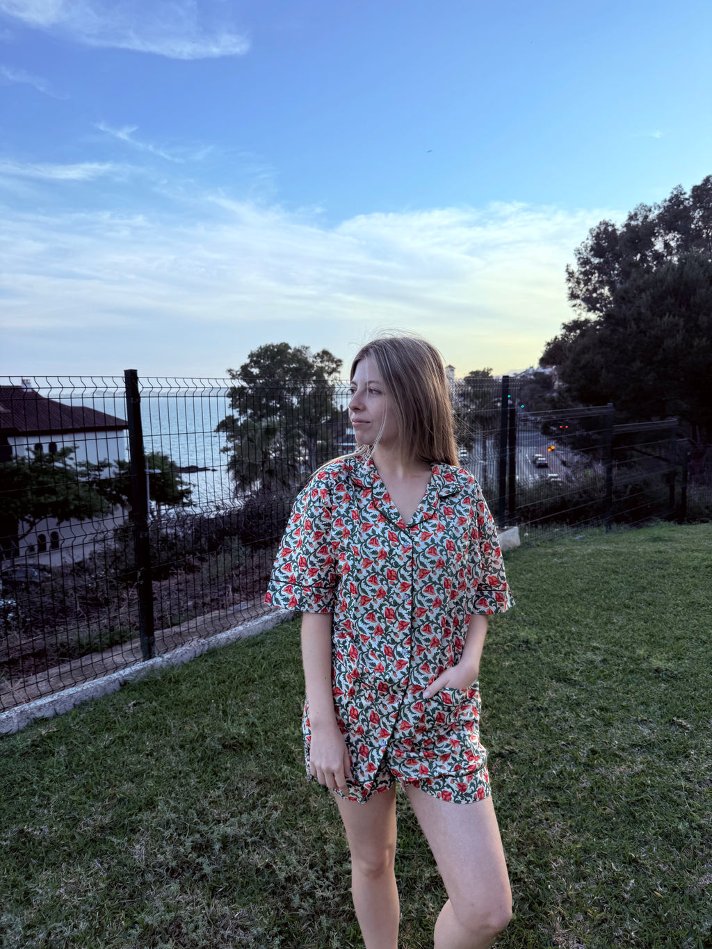 Red Floral Pajama Set – White Base