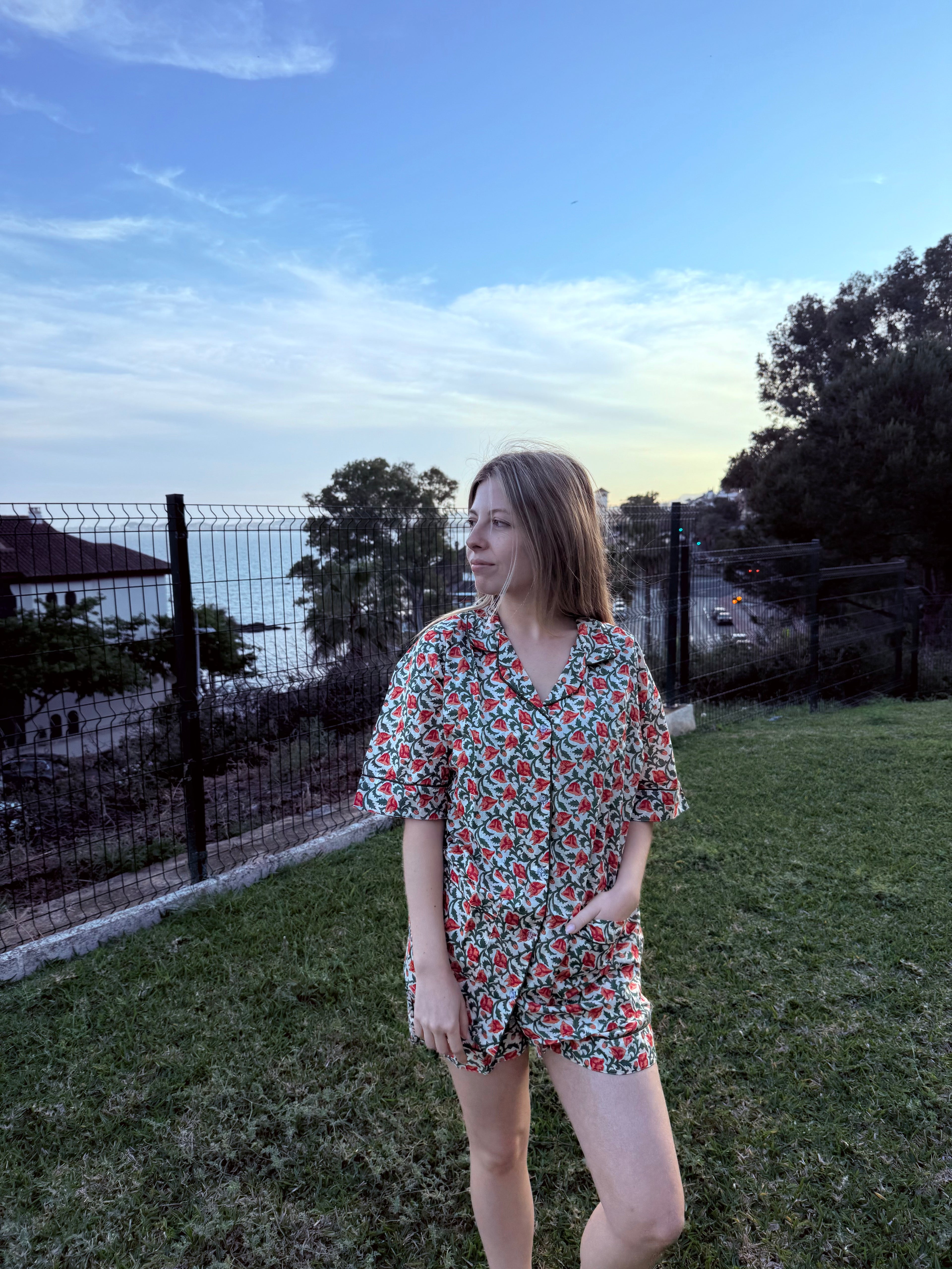 Red Floral Pajama Set – White Base