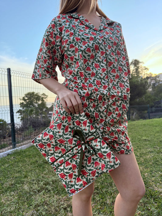 Red Floral Pajama Set – White Base