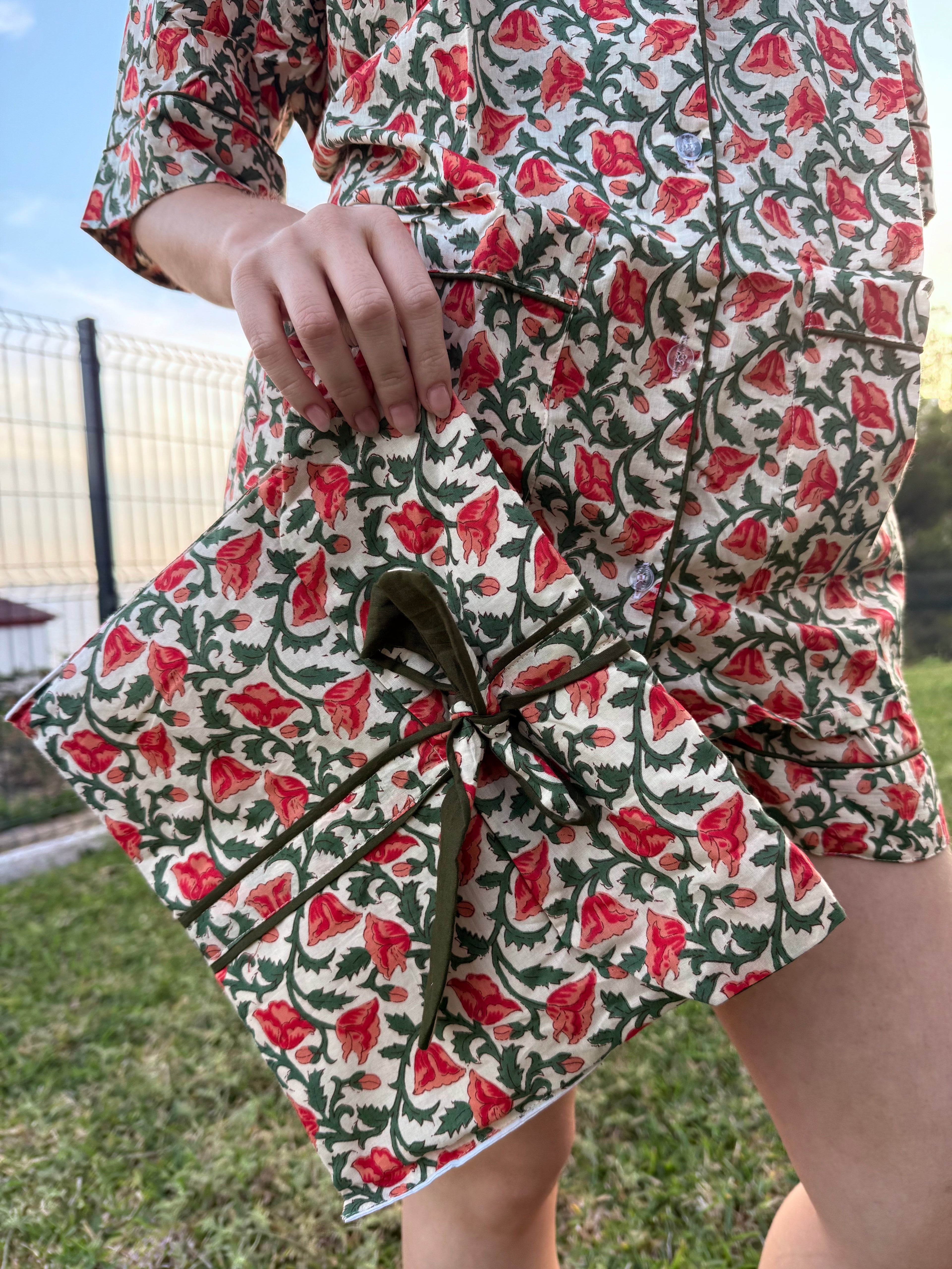 Red Floral Pajama Set – White Base